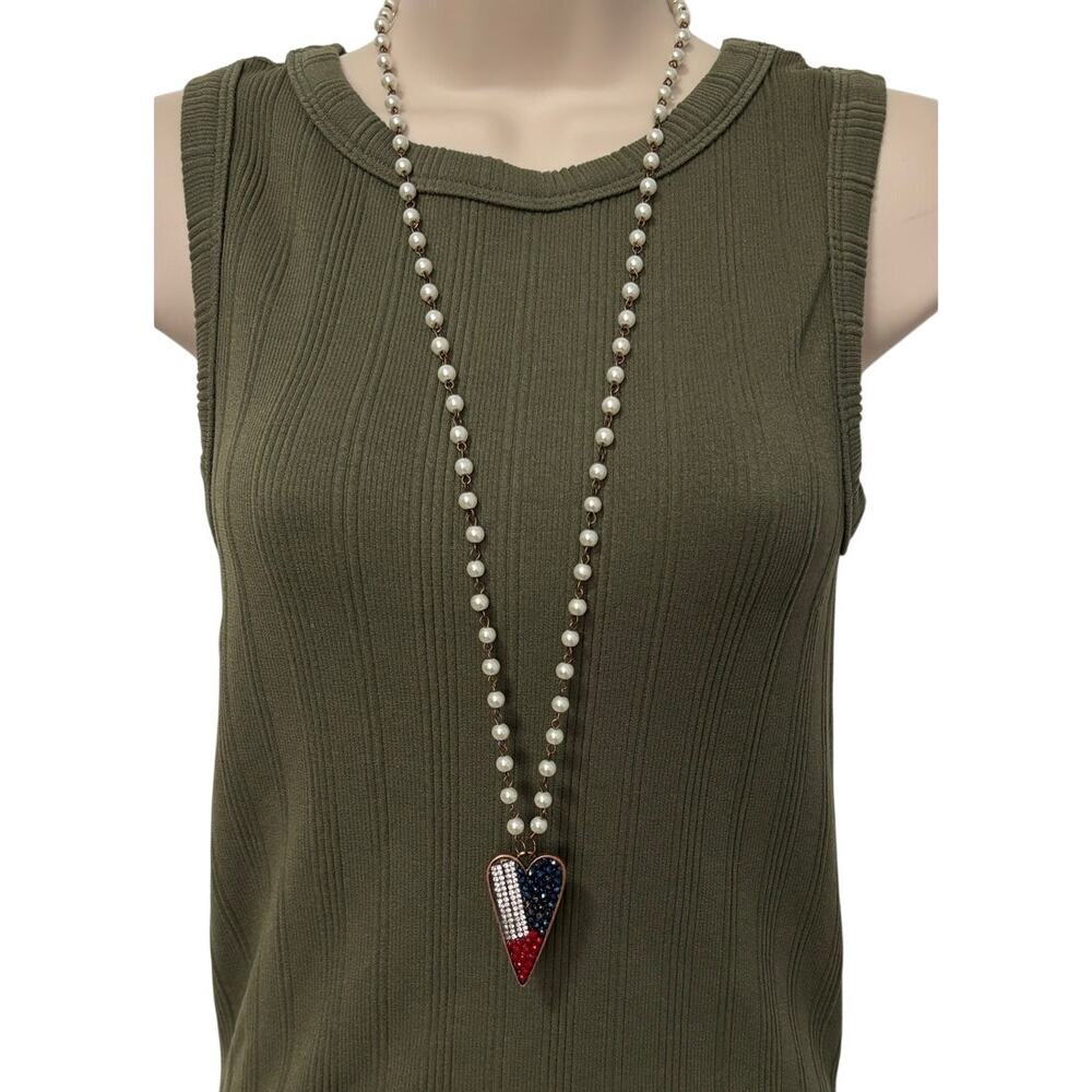 Women's USA Flag Heart Statement Beaded Long Necklace Patriotic BOHO America